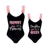 Mommy and Me Bathing Suits Daughter Of The Queen Mommy Of A Princess Flower Shoulder Backless Swimsuits
