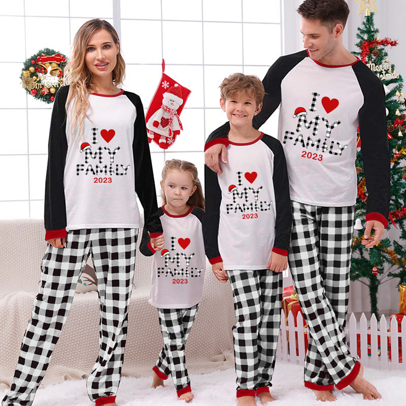 2023 Christmas Matching Family Pajamas Exclusive Design I Love My Family White Black Plaids Pajamas Set