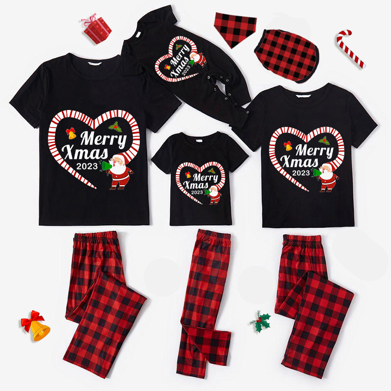 2023 Christmas Matching Family Pajamas Santa Heart Merry Xmas Black Pajamas Set