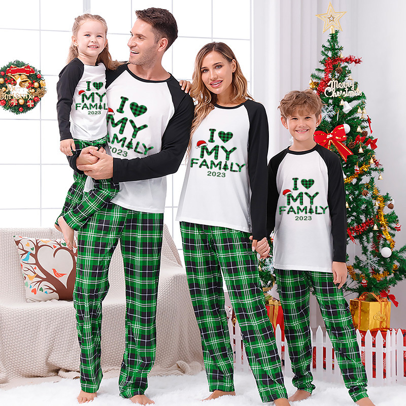 2023 Christmas Matching Family Pajamas Exclusive Design I Love My Family Green Plaids Pajamas Set