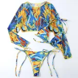Women 3 Piece Leopard Prints Triangle Brassiere Side Tie Long Sleeve Tankini Cover Up Bikini Swimsuit