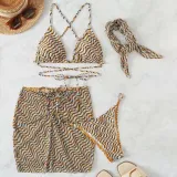 Women 3 Piece Ripple Pattern Criss Cross Triangle Halter High Cut Cover Up Skirt Bikini Swimsuit