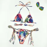 Women Two Pieces Halter Criss Cross Tassle Padded String Thong High Cut Flower Prints Bikini Swimsuit
