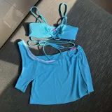 Women 3 Piece Solid Color Heart Linked Bandeau Cover Up Skirt Bikini Swimsuit