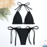 Women Two Pieces Halter Brassiere Side Tie High Cut Bikini Swimsuit
