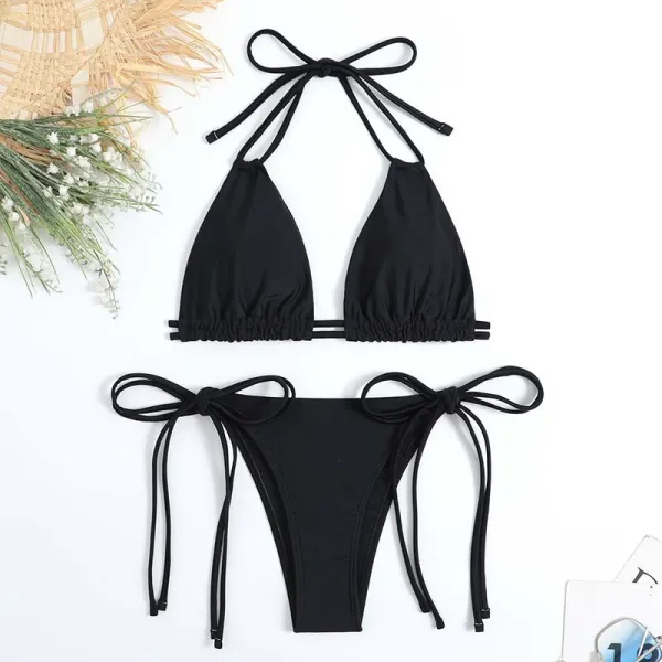 Women Two Pieces Halter Brassiere Side Tie High Cut Bikini Swimsuit
