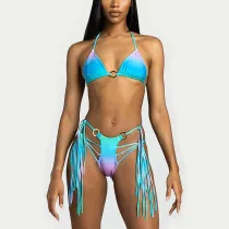 Women Two Pieces Halter Ring Linked Padded String Thong Tassel High Cut Bikini Swimsuit