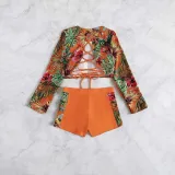 Women Two Piece Long Sleeve Flower Prints Back Lace Up Tankini and Shorts Bikini Swimsuit