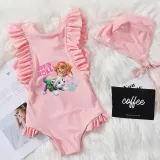 Girls Bathing Suits Let's Roll Cartoon Dogs One Piece Ruffled Cuff Swimsuits