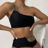 Women Two Pieces One Shoulder Wide Strap Cut Out High Waist Bikini Swimsuit