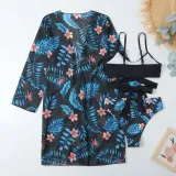 Women 3 Piece Sweetheart Criss Cross High Waist Cover Up Tropical Kimono Bikini Swimsuit
