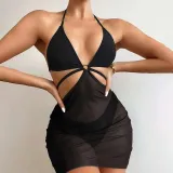 Women 3 Piece Ring Linked Plunging Triangle Halter Cover Up Mesh Skirt Bikini Swimsuit