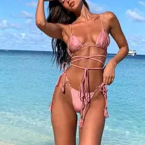 Women Two Pieces Criss Cross Tassel Ring Linked Plunging High Cut Bikini Swimsuit