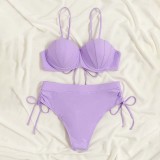 Women Two Pieces Push Up Solid Color Drawstring Side Knot Bikini Swimsuit