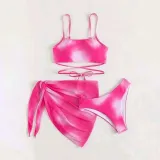 Women 3 Piece Ombre Criss Cross Tankini High Cut Cover Up Side Knot Skirt Bikini Swimsuit