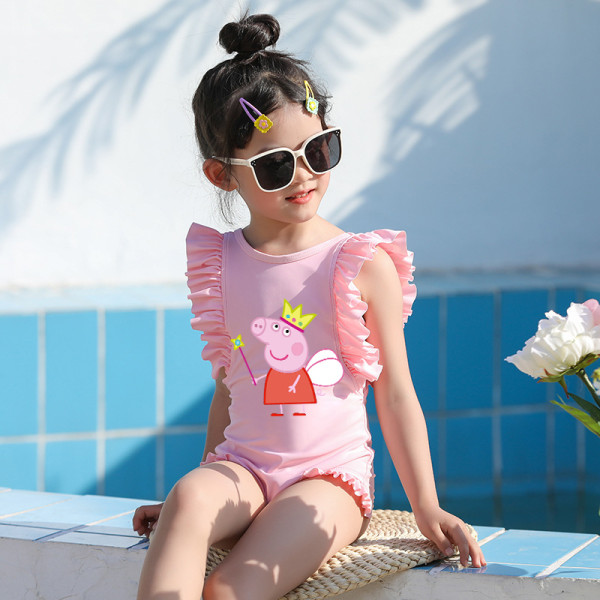 Girls Bathing Suits Cartoon Pig Fairy One Piece Ruffled Cuff Swimsuits