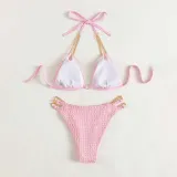 Women Two Pieces Ring Linked Plunging Halter Triangle Bikini Swimsuit