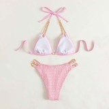 Women Two Pieces Ring Linked Plunging Halter Triangle Bikini Swimsuit