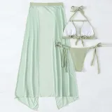 Women 3 Piece Cut Out Halter Chain Linked High Cut Cover Up Belt Mesh Kimono Bikini Swimsuit