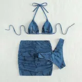 Women 4 Piece Tie Dye Triangle Halter Cover Up Drawstring Skirt Bikini Swimsuit