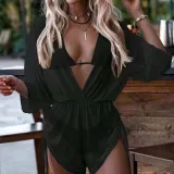 Women 3 Piece Tropical Triangle Halter Cover Up Kimonos Bikini Swimsuit