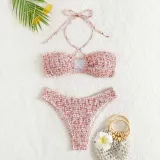 Women Two Pieces Floral Ruched Cirss Cross Halter Cut Out Bikini Swimsuit