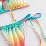 Women Two Pieces Color Block Tie Dye Cut Out Side Tie High Cut Bikini Swimsuit