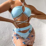 Women 3 Piece Drawstring Criss Cross Halter High Cut Cover Up Butterfly Mesh Skirt Bikini Swimsuit