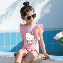 Girls Bathing Suits Cartoon Cat With Ice Cream One Piece Ruffled Cuff Swimsuits