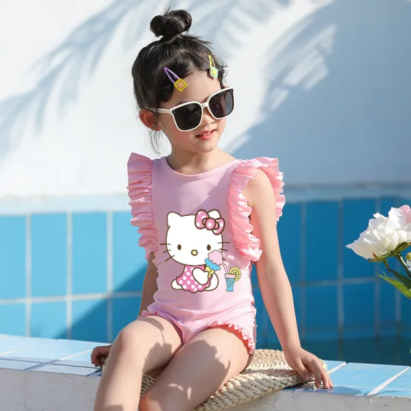 Girls Bathing Suits Cartoon Cat With Ice Cream One Piece Ruffled Cuff Swimsuits