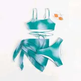 Women 3 Piece Ombre Criss Cross Tankini High Cut Cover Up Side Knot Skirt Bikini Swimsuit