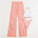 Women 3 Piece Butterfly Triangle Halter High Cut Cover Up Pants Bikini Swimsuit