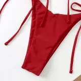 Women Two Pieces Bandeau Ring Linked Plunging Side Tie High Cut Bikini Swimsuit