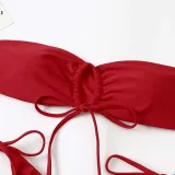 Women Two Pieces Bandeau Ring Linked Plunging Side Tie High Cut Bikini Swimsuit