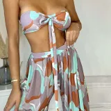 Women 3 Piece Color Block Tie Dye Bandeau Bowknot Halter High Cut Cover Up Pants Bikini Swimsuit