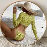 Women 3 Piece Leopard Prints Triangle Brassiere Side Tie Long Sleeve Tankini Cover Up Bikini Swimsuit