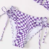 Women 3 Piece Purple LatticeTriangle Halter Side Tie Cut Out Tankini Cover Up Bikini Swimsuit