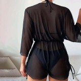 Women 3 Piece Tropical Triangle Halter Cover Up Kimonos Bikini Swimsuit