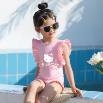 Girls Bathing Suits Cartoon Cat Love One Piece Ruffled Cuff Swimsuits