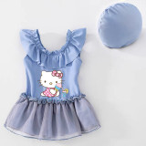 Girls Bathing Suits Cartoon Cat With Ice Cream One Piece Lace Collar Swimsuits