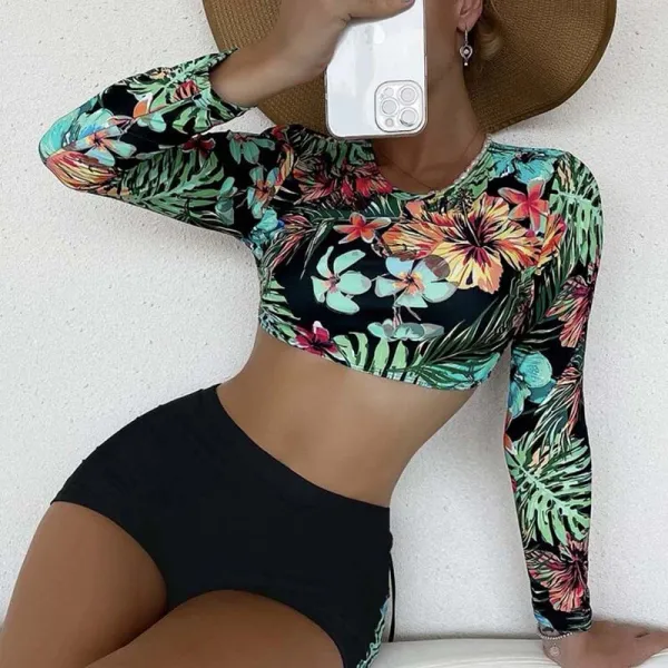 Women Two Piece Long Sleeve Flower Prints Back Lace Up Tankini and Shorts Bikini Swimsuit