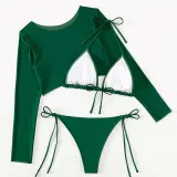 Women 3 Piece Triangle Halter Side Tie High Cut Mesh Tankini Cover Up Bikini Swimsuit