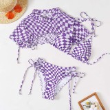Women 3 Piece Purple LatticeTriangle Halter Side Tie Cut Out Tankini Cover Up Bikini Swimsuit