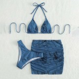 Women 4 Piece Tie Dye Triangle Halter Cover Up Drawstring Skirt Bikini Swimsuit