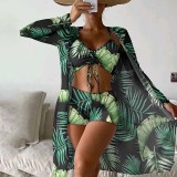 Women 3 Piece Color Prints Drawstring Knot Shorts Kimono Cover Up Bikini Swimsuit