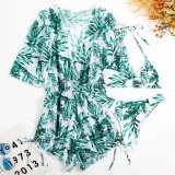 Women 3 Piece Tropical Triangle Halter Cover Up Kimonos Bikini Swimsuit