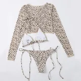 Women 3 Piece Leopard Prints Triangle Brassiere Side Tie Long Sleeve Tankini Cover Up Bikini Swimsuit