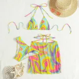 Women 3 Piece Tie Dye Criss Cross Halter Color Block Cover Up Skirts Bikini Swimsuit