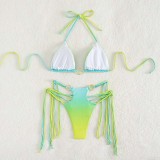 Women Two Pieces Halter Ring Linked Padded String Thong Tassel High Cut Bikini Swimsuit