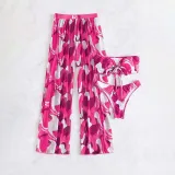 Women 3 Piece Color Block Tie Dye Bandeau Bowknot Halter High Cut Cover Up Pants Bikini Swimsuit